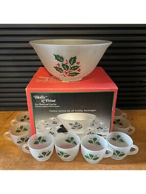 Holly N Frost 9-Piece Bowl & Cup Set By Indiana Glass Holiday Design